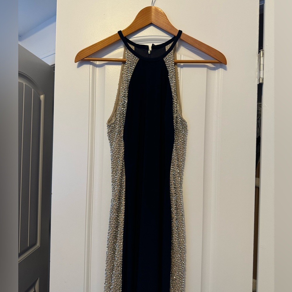 XSCAPE Navy and Tan Long Dress NWOT